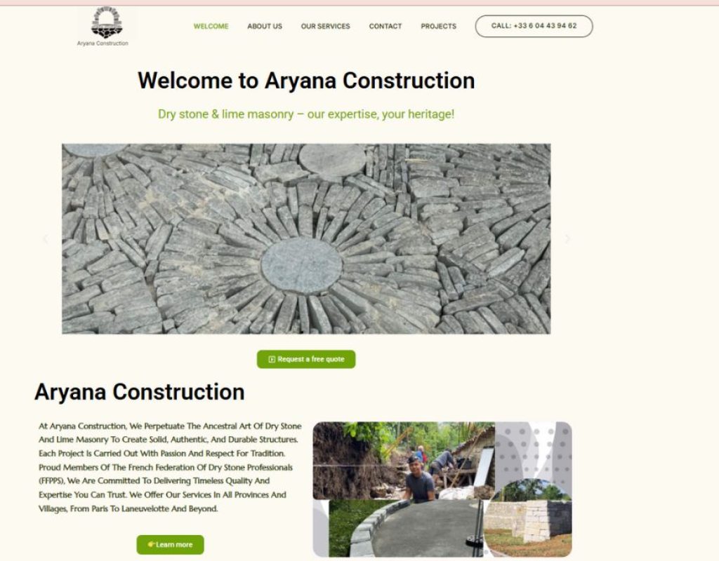 the home page of aryana constraction that made by shiny star lab